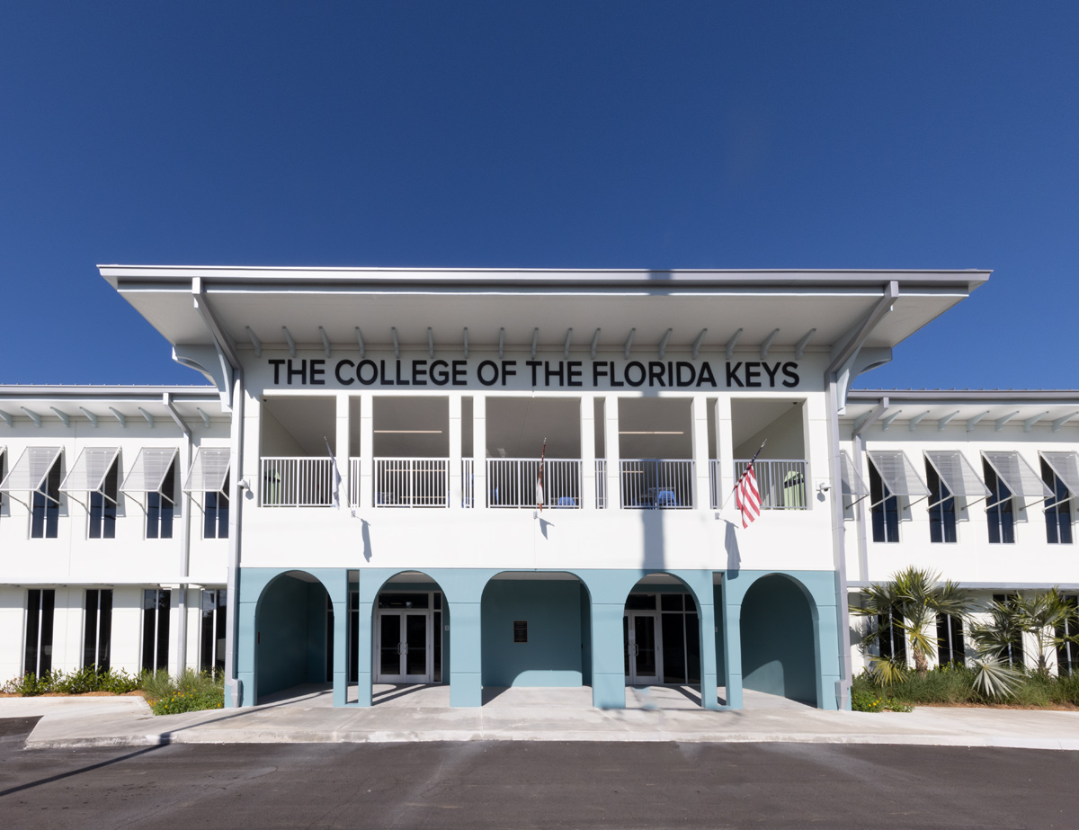 Architectural entrance view of the College of the Florida Keys in Key Largo, FL.